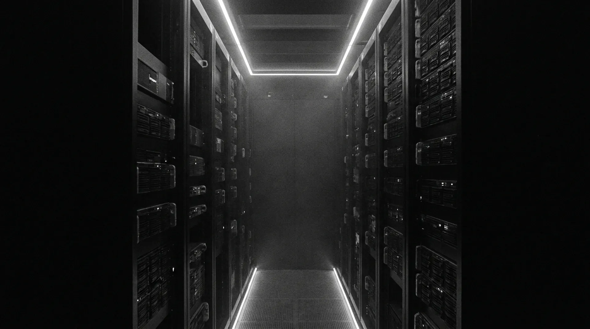 A dark server aisle lit by a single strip of cool light